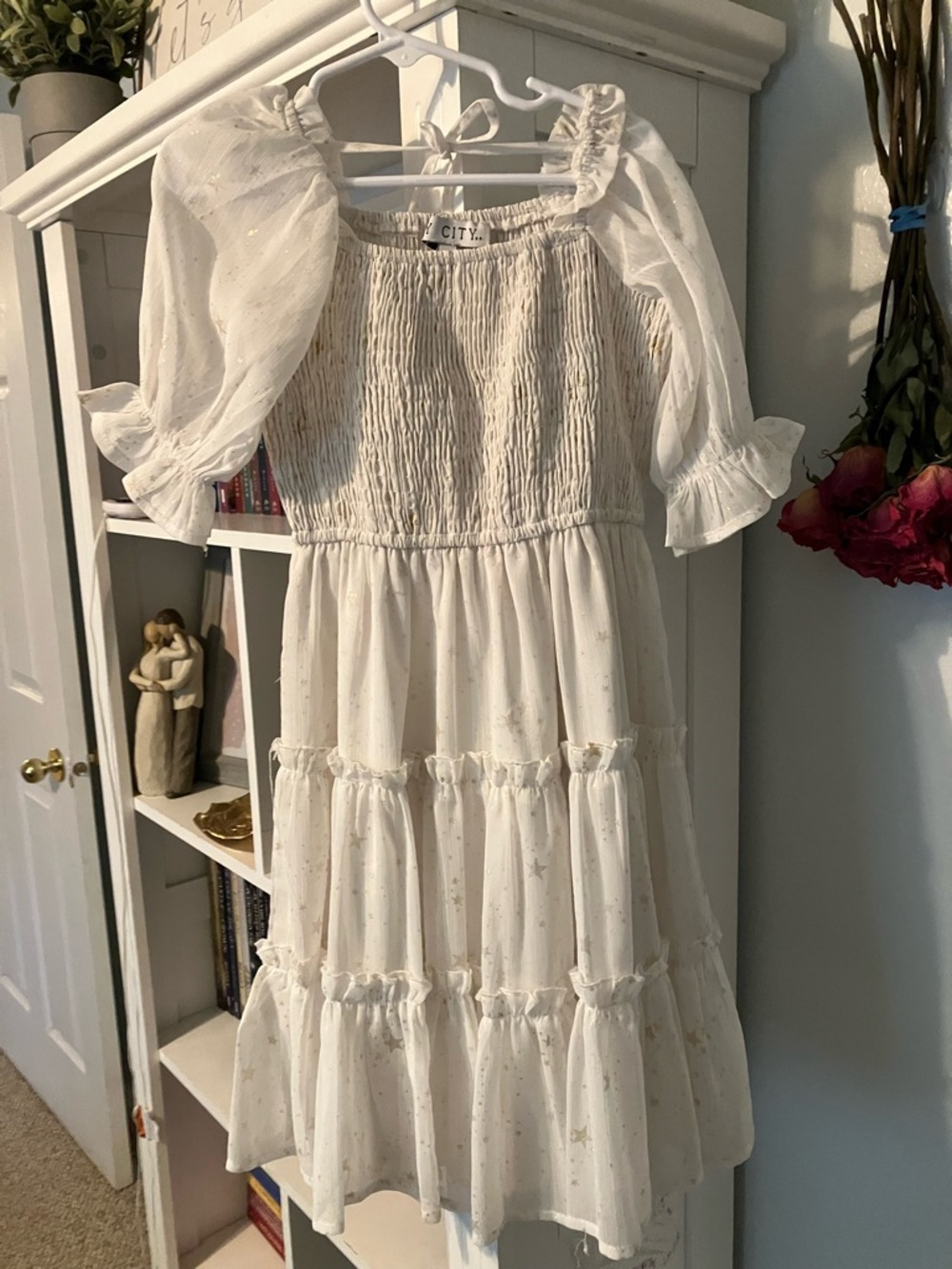 Ivy City Co Starry Night White Star Print Tiered Puff Sleeve Dress